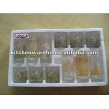 N012 high quality 12pcs glass tea sets with yellow printing